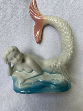 Pink And Blue Vintage Mermaid On A Rock Ceramic Figurine
