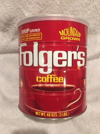 Vintage Red Folgers Coffee Can Mountain Grown 48oz.  3lbs 1 Gallon Size