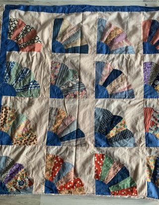 Vintage Handmade Patchwork Fan Pattern Quilt Topper 40s 50s 80”x 80”