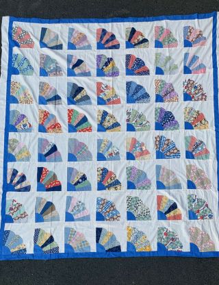 Vintage Handmade Patchwork Fan Pattern Quilt Topper 40s 50s 80”X 80” 2