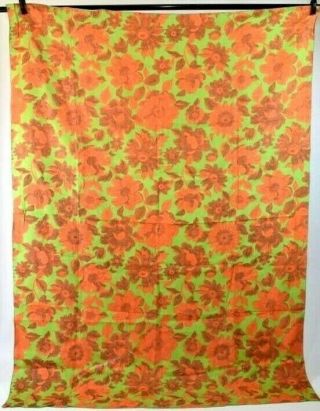 Vintage 60s Bright Green Orange Floral Table Cloth Linen Canvas Fabric 59 " X 82 "