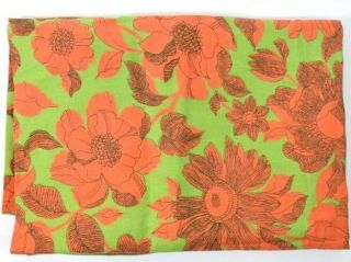 Vintage 60s Bright Green Orange Floral Table Cloth Linen Canvas Fabric 59 