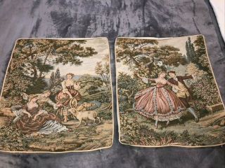 Set Of 2 Vintage Italian Tapestry Pillow Covers 15 " X 18 " Couple Garden Scenes