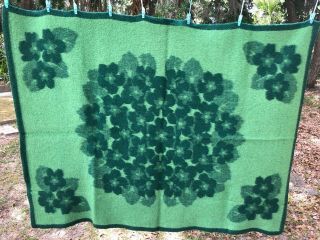 Vintage Reversible Wool Blanket Green Shamrock Pattern Thick Felted Wool 56 " X74 "