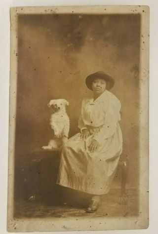 African American Woman Posing W/ Trick Dog Sitting Rppc Black Americana Pre 1919