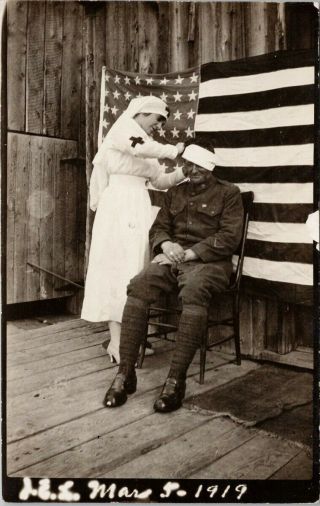 Nurse Helping Soldier Military Usa Flag Ww1 Unknown Location Rppc Postcard G27