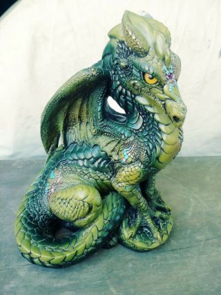 Windstone Editions Large Male Sitting Dragon Green W/gold Eyes Pena 