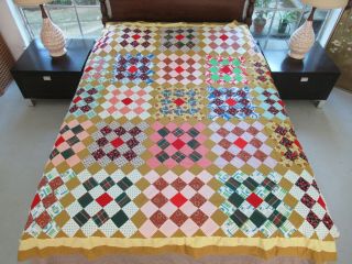 Vintage Hand Pieced All Cotton Some Feed Sack Checkerboard Quilt Top: 85 " X 76 "