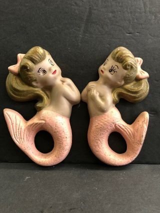 Vintage Mid Century Pair Chalkware Mermaid Wall Art Plaques With Gold Glitter