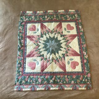Vintage Handmade Quilt Wall Hanging 8 Point Star Pink Hand Quilted 33 " X 40 "
