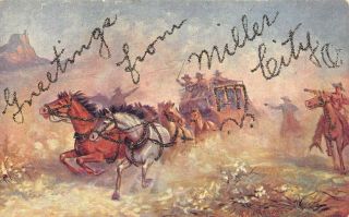 Miller City Ohio C1910 Greetings Postcard Stagecoach Holdup Glitter Putnam Co