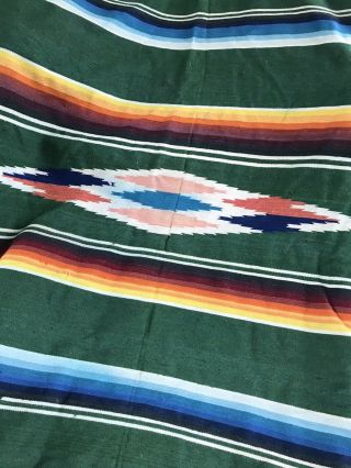 Vintage Indian Blanket Striped Green Wool Fringe 64 X 92 Inches Southwestern