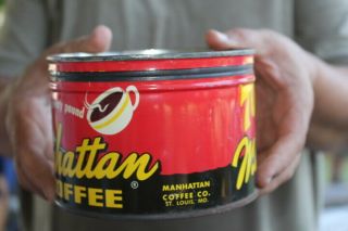 Vintage 1940 ' s Manhattan Coffee Metal Tin Can Gas Oil Sign 2