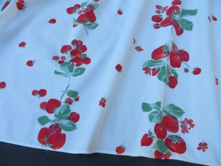 Vtg Large Wilendur Tablecloth Red Strawberry White Blossoms 50s Print 64 X 54