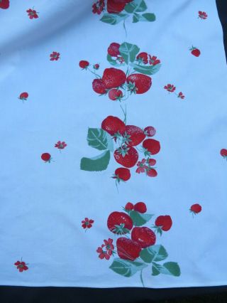 Vtg Large WILENDUR Tablecloth Red Strawberry White Blossoms 50s Print 64 X 54 2