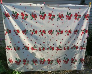 Vtg Large WILENDUR Tablecloth Red Strawberry White Blossoms 50s Print 64 X 54 3