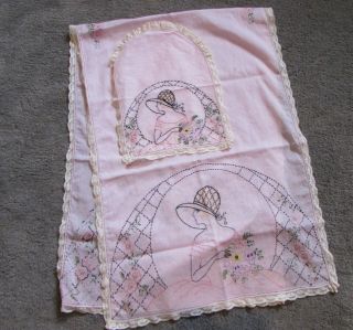 Vintage 1930s Hand Embroidered Table Runner & Doily Pink With Art Deco Lady