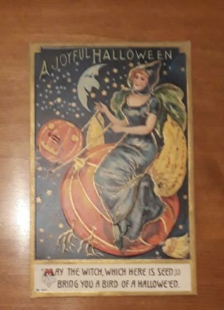 Antique,  Halloween Postcard,  Witch Riding Pumpkin Moon And Star 1911 Posted,  Vgc