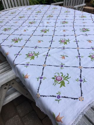 Vintage Heavily Hand Embroidered Linen Table Cloth 70” X53”