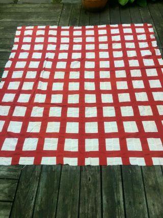 Vintage Red And White Checked Patchwork Quilt Top Unfinished 71 " X 76 "