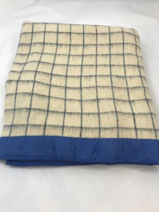 Vintage Acrylic Blanket Satin Nylon Trim Binding Blue Check Plaid White 87 X 93