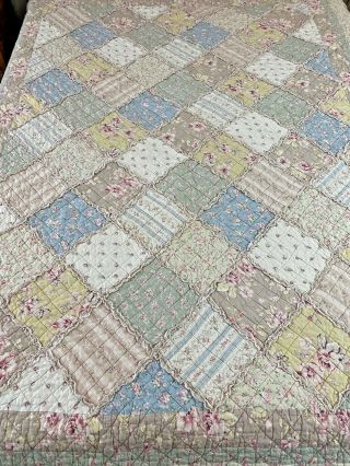 Vintage Hand Quilted Patchwork On Point W Ruffles Edges Quilt 67 " X 87 "