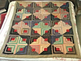 Vintage Handmade Log Cabin Patchwork Tied Quilt Country Rustic Cabin Throw 64x72