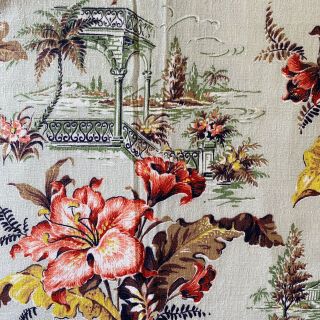 Gorgeous Green Vintage Barkcloth Fabric - Tropical Palm Trees & Hibiscus