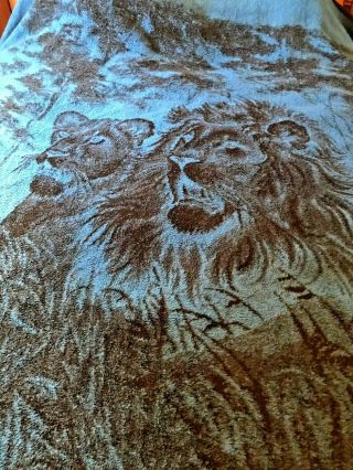 Vintage San Marcos Reversible Blue And Black Lion And Lioness Blanket " 64x90 " Ex