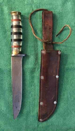 Wwii Theater Made Trench Knife W/ Aircraft Aluminum Riveted Leather Scabbard Nr