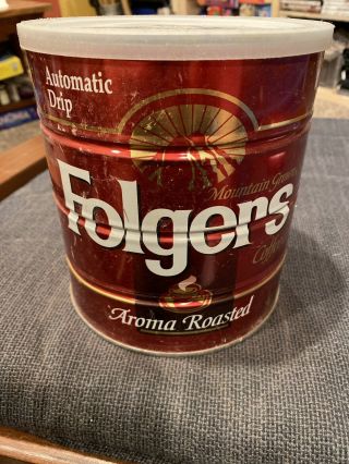 Vintage Folgers Coffee Can Tin Red Aroma Roasted 39 Oz.  With Lid