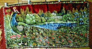 Vintage Velvet Tapestry Wall Hanging Rug - Peacock - 36 X 19
