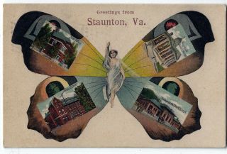 1908 Greetings From Staunton Va Butterfly Postcard Carrie Nation Prohibitionist