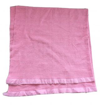 Vintage Waffle Weave Acrylic Blanket Satin Trim 74 X 78 Dusty Rose Pink