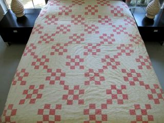 Vintage Feed Sack Hand Pieced Double Four Patch Irish Chain Tied Quilt 73 " X 60 "