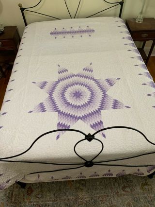 Vintage Twin Size Quilt Bedspread White With Purple Lone Star Pattern