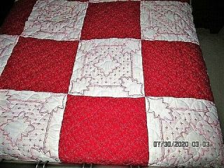 Vtg 86x86 Red Calico Cotton W White Hand Embroidered Flower Squares Quilt