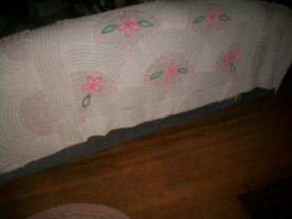 Vtg Cottage Chenille Bedspread White With Pink Dots & Floral Flowers 85 " X105 "