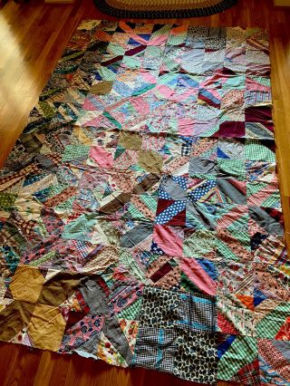 Vintage Hand Pieced Primitive Log Cabin Cotton Quilt Top - 96” X 62”nice Old One