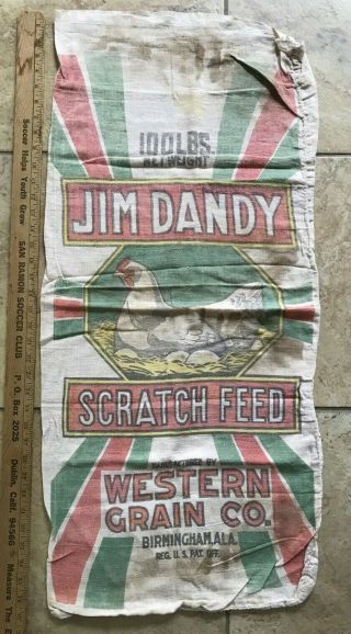 Jim Dandy Scratch Feed 100 Lbs.  Feed Sack Bag Graphic Western Grain Co Vtg