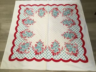Vintage Tablecloth,  Cotton,  Printed Flowers,  Dots,  Scrolls,  Red,  White & Aqua