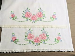 Hand Embroidered/needlepoint Vtg Pillow Case Set Pink Blue Floral Lacey Edge