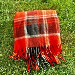 Vintage Wool Red Black White Plaid Throw Camp Blanket Fringe 48x52 Faribo (?)