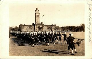 Postcard Rppc Great Lakes Naval Center C.  1942 Military Formation Marching Flag