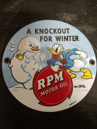 Vintage " Rpm Motor Oil Donald Duck " 6 " Porcelain Metal Walt Disney Gasoline Sign