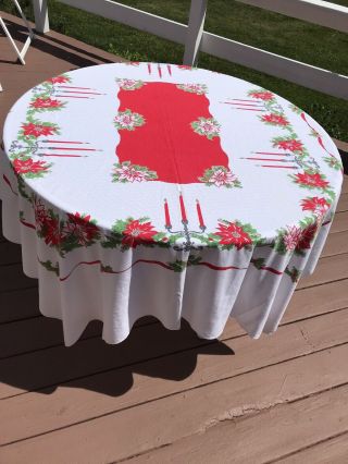 Vintage Christmas Tablecloth Mid Century Poinsettia Candles Red Green 70x58”