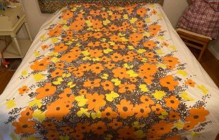 Vtg Vera Neumann Burlington Flat Bed Sheet Orange Yellow Big Flowers 81 " X 104 "