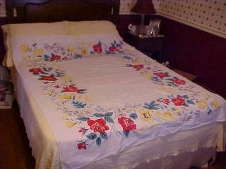 Vintage Printed Tablecloth,  Red Yellow And Pink Flowers Design