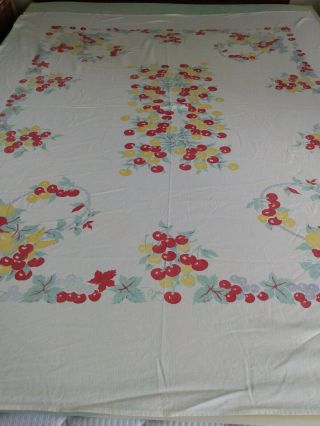 Vtg.  Cotton Print Tablecloth Red & Yellow Cherries 58x70 " Hem Frayed