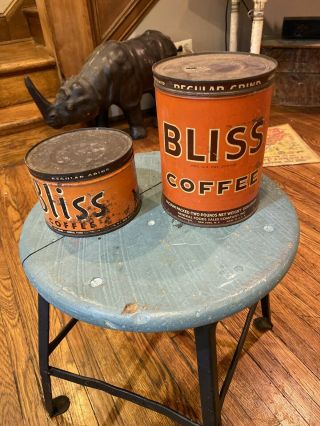 Vintage Bliss Coffee Tins 1 & 2 Lbs W/ Both Lids General Foods Early Coffee Tins